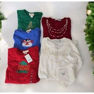 Holiday Bundle Of 5 Women's Tops Size M Longsleeve Christmas Embroidered